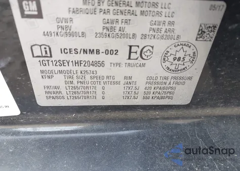 2017 GMC Sierra 2500Hd Sle z USA, uszkodzony, nr VIN 1GT12SEY1HF204856